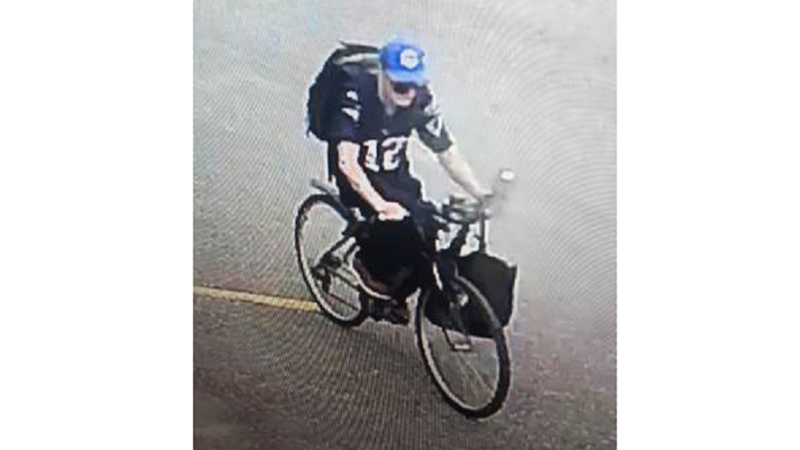 A man rides the stolen bike on Monday, July 16, 2018. (Chatham-Kent Police)