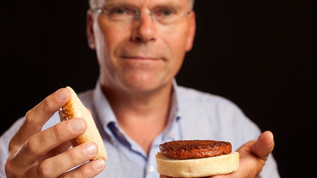 Professor Mark Post presents a hamburger in London