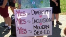 A protester holds a sign outside Queen's Park on July 19, 2018. Parents and educators rallied on the front lawn of the provincial building to call attention to the Ontario PC government's repeal of the sex-ed curriculum. 