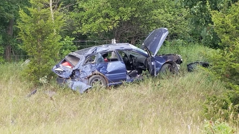 OPP say the driver was airlifted to hospital after a rollover on Highway 401 in Dutton, Ont. (Courtesy OPP)