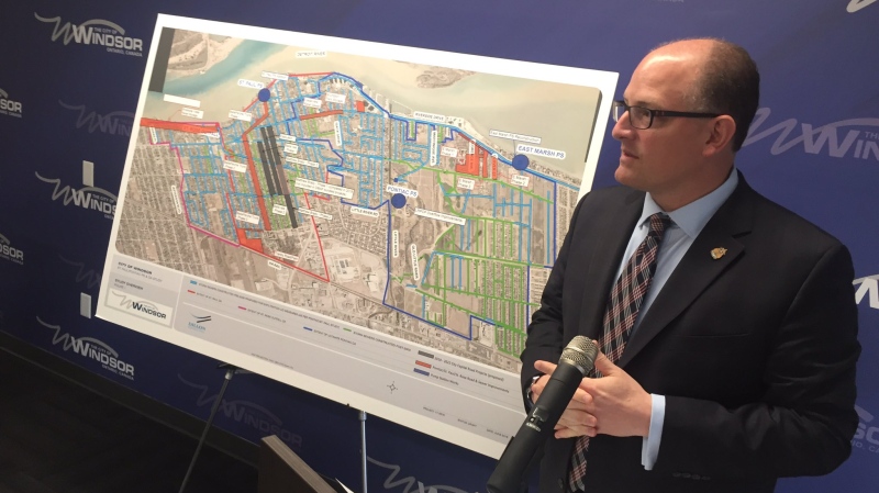 Windsor Mayor Drew Dilkens talks about the city's plan to invest $89 million in sewer upgrades in Windsor, Ont., on Monday, July 23, 2018. (Sacha Long / CTV Windsor) 