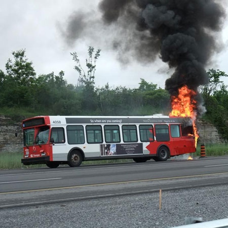 An OC Transpo bus burst into flames on Highway 417, Friday, June 19, 2009. Photo submitted by viewer Evan McIntosh
