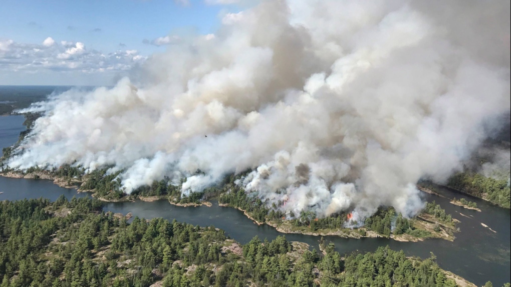 An aerial view of the Parry Sound 33 fire