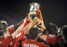 Players from Toronto FC hoist the championship trophy after defeating the Montreal Impact 6-1 in Montreal, Thursday, June 18, 2009. (Graham Hughes / THE CANADIAN PRESS)