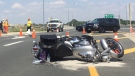 Motorcycle crash on Highway 3 roundabout in Tecumseh, Ont., on Friday, Aug. 3, 2018. (Sacha Long / CTV Windsor)