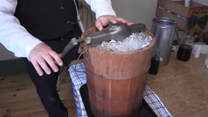 Hand-cranked ice cream in bucket of ice