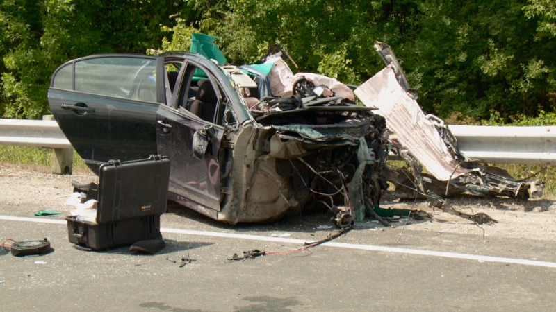 Ontario Provincial Police say a woman is dead after a crash on Highway 15 south of Smiths Falls.