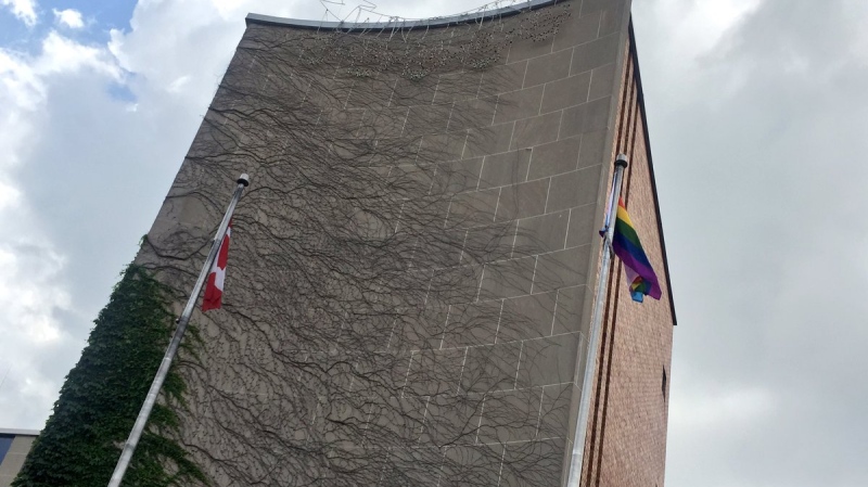 The bright colours of the Windsor-Essex Pride Fest flag are proudly on display at Windsor City Hall. ( Sacha Long / CTV Windsor )