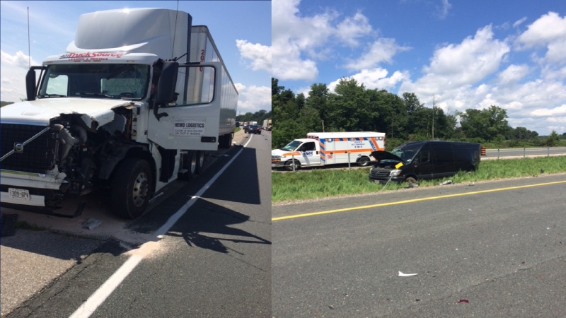 Police say the crash happened in the eastbound lanes east of Duart Road in Chatham-Kent, Ont., on Friday, Aug. 10, 2018. (Courtesy OPP)