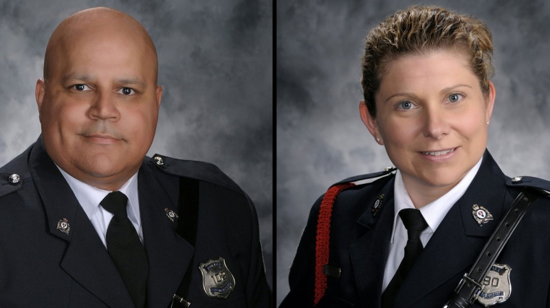 Fredericton police Const. Robb Costello, left, and Const. Sara Burns, right, have been identified as the two officers killed during a shooting in Fredericton, N.B. on Friday, Aug. 10, 2018. (Fredericton Police / Twitter)