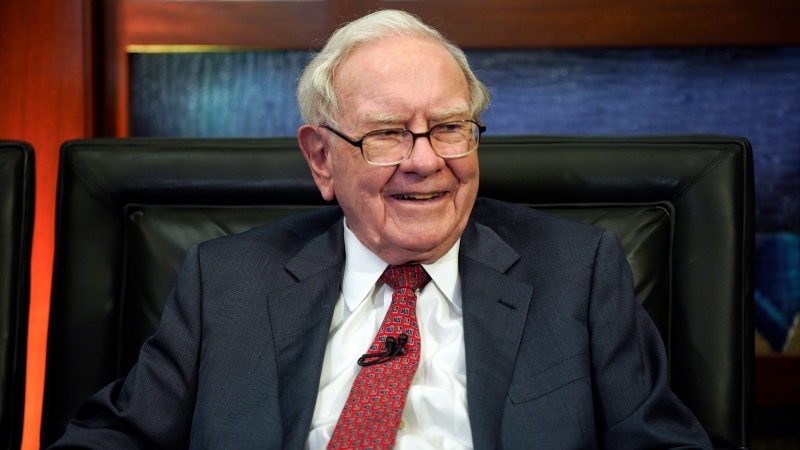 In this May 7, 2018, photo, Berkshire Hathaway Chairman and CEO Warren Buffett smiles during an interview in Omaha, Neb., with Liz Claman on Fox Business Network's "Countdown to the Closing Bell." (AP Photo/Nati Harnik)
