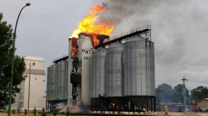 The fire broke out Monday, Aug. 20 in Crystal City, Man., about 200 kilometres southwest of Winnipeg and just north of the U.S. border. (Source: Travis Bird)