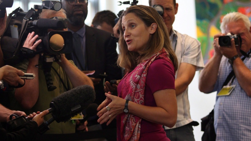 Foreign Affairs Minister Chrystia Freeland arrives to speak to media at the Vancouver Island Conference Centre during day two of the Liberal cabinet retreat in Nanaimo, B.C., on Wednesday, Aug. 22, 2018. (Chad Hipolito / THE CANADIAN PRESS)