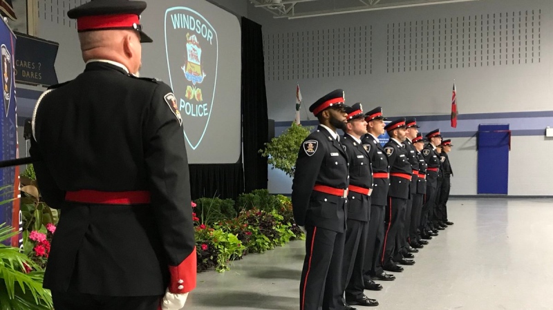 Windsor police welcome nine officers at the badge presentation in Windsor, Ont., on Wednesday, Aug. 23, 2018. (Alana Hadadean / CTV Windsor)