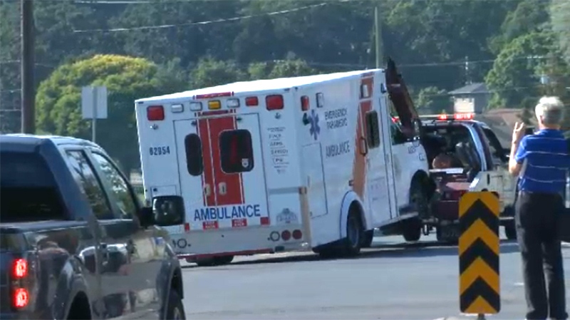 The ambulance had its lights and sirens activated when it struck another car in a Saanich intersection. Aug. 29, 2018. (CTV Vancouver Island)