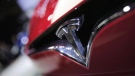 The logo of the Tesla Model S on display at the Paris Auto Show in Paris on Sept. 30, 2016. THE CANADIAN PRESS/AP, Christophe Ena