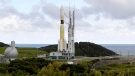 In this Sept. 14, 2018, photo, an H-2B rocket carrying the Kounotori 7 cargo spacecraft is seen at Tanegashima Space Center in the southwestern Japan prefecture of Kagoshima. The Japanese supply run to the International Space Station has been delayed again. The countdown was halted Saturday, Sept. 15, in Japan, with only a few hours remaining before liftoff. Earlier in the week, a typhoon delayed the launch.(Kyodo News)
