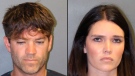 These undated booking photos provided by the Newport Beach, Calif., Police Department show Grant W. Robicheaux (left) and Cerissa Laura Riley.  (Newport Beach Police Department via AP)