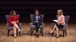 Minister of Foreign Affairs Chrystia Freeland, left, participates in an armchair discussion with journalist Masha Gessen, centre, moderated by Heather Reisman, CEO of Indigo Books & Music, at the Women in the World Summit in Toronto, Monday, September 10, 2018.THE CANADIAN PRESS/Galit Rodan