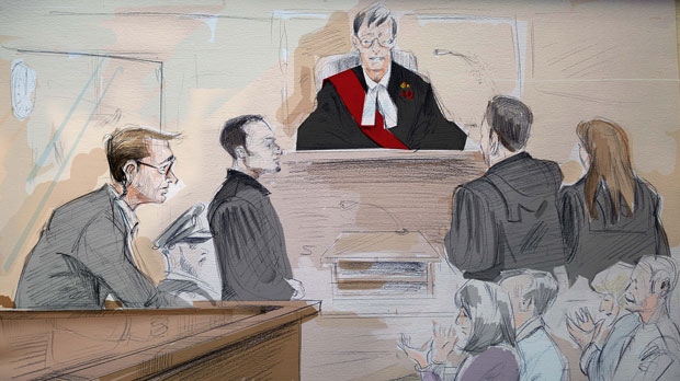 Dellen Millard is seen in this court sketch as the judge delivers his verdict on Sept. 24, 2018.