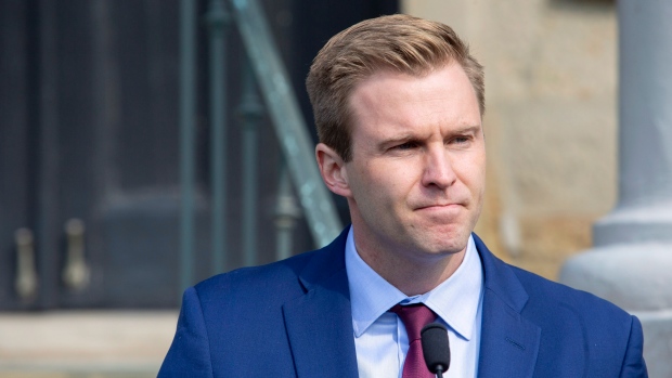 New Brunswick Liberal Leader Brian Gallant addresses the media after meeting with Lt.-Gov. Jocelyne Roy-Vienneau in Fredericton on Tuesday, Sept. 25, 2018. (THE CANADIAN PRESS/James West)