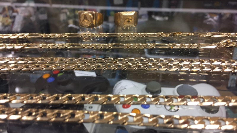 Fake gold is displayed at a pawn shop in Orillia, Ont. on Friday, September 28, 2018. (CTV News/Steve Mansbridge)