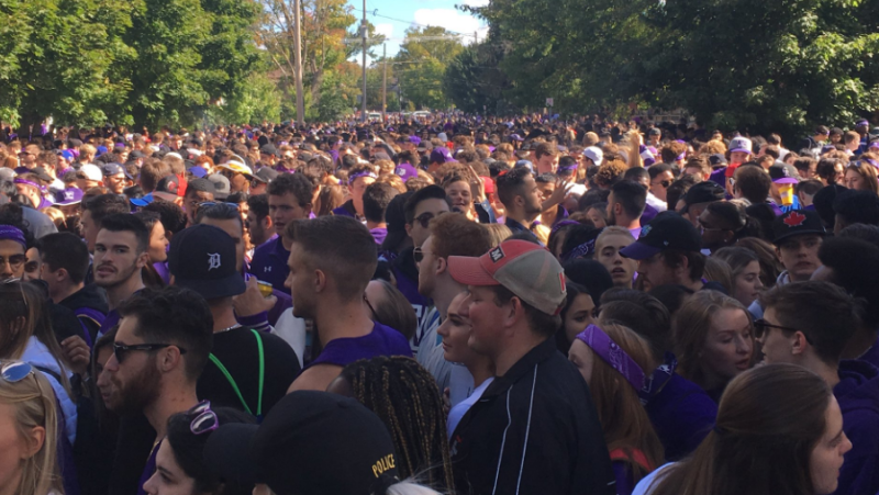 Police keep Western University students at bay during FOCO in London, Ont. on Sept. 29, 2018. (Brent Lale / CTV London)