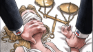 The graphic image by Halifax-based Bruce MacKinnon shows Lady Justice blindfolded and pinned down as her scales lie beside her, a man's hand covering her mouth  (Credit: Bruce MacKinnon, The Chronicle Herald) 