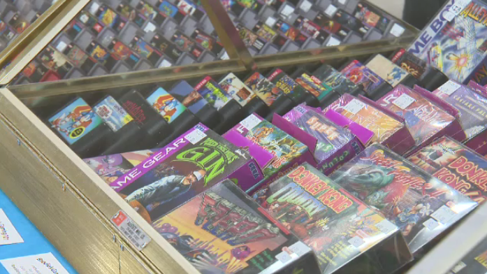 Rows of vintage games on display