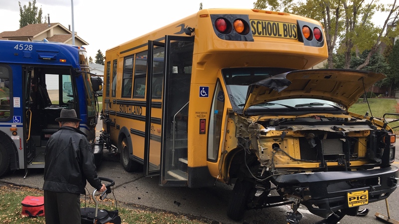 Four people were taken to hospital after a collision between two buses in north Edmonton on Monday, October 1, 2018.