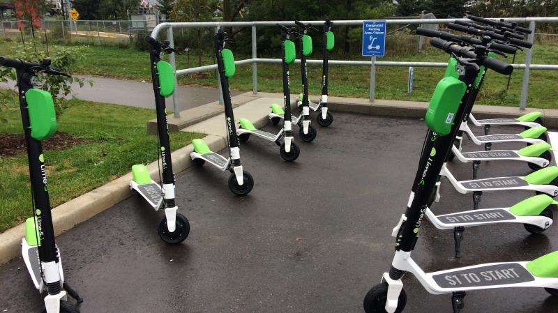 Lime electric scooters on display in Waterloo.