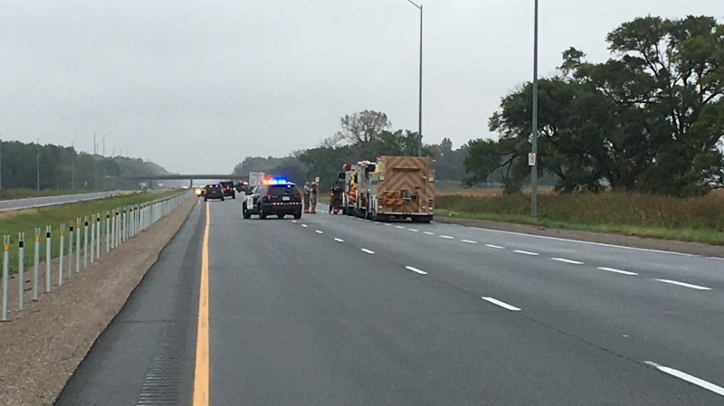 One person died in crash on Highway 401 in Elgin County near West Lorne on Saturday, Oct. 6, 2018.
(Brent Lale / CTV London) 