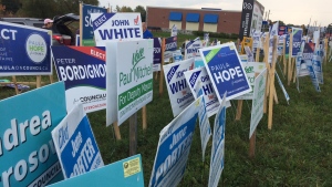 Election signs are seen in Blue Mountains, Ont. in this file photo from the October 2018 municipal campaign. (Rob Cooper / CTV News Barrie)