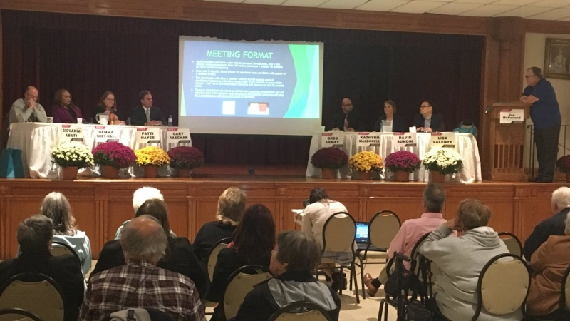 About 70 people are listening in at the Windsor Ward 8 debate at the Serbian Centre in Windsor, Ont., on Thursday, Oct. 12, 2018. (Chris Campbell / CTV Windsor)