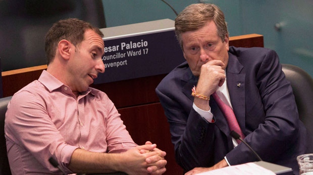 Toronto Mayor John Tory (right) sits with Councillor Josh Matlow in the Council Chamber at Toronto City Hall, on Thursday September 13, 2018.(Chris Young/The Canadian Press)