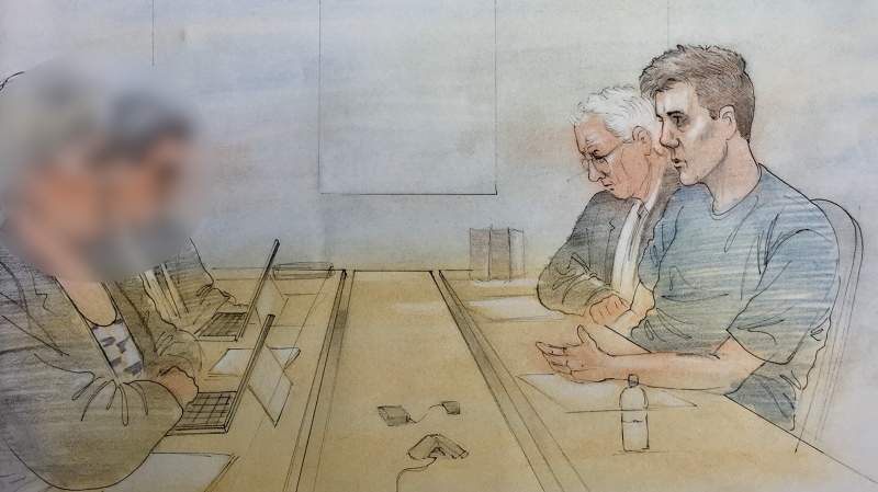 Paul Bernardo is shown in this sketch at his parole hearing in Bath, Ont., Wednesday, Oct. 17, 2018.