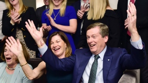 Toronto Mayor John Tory and wife Barbara Hackett along with other family and friends celebrate after being re-elected mayor in the Ontario municipal election in Toronto, on Monday, October 22, 2018. THE CANADIAN PRESS/Frank Gunn