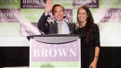 Brampton Mayor Patrick Brown stands on stage with his wife Genevieve Gualtieri after winning the Brampton Mayoral Election during a campaign celebration in Brampton, Ont. on Monday, October 22, 2018. THE CANADIAN PRESS/Chris Young