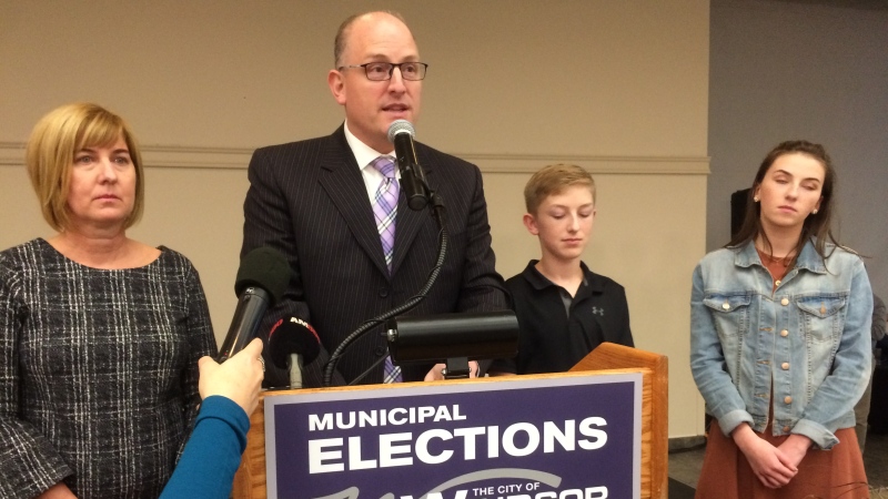 Drew Dilkens speaks at St. Clair Centre for the Arts in Windsor, Ont., on Monday, Oct. 22, 2018. (Michelle Maluske / CTV Windsor)