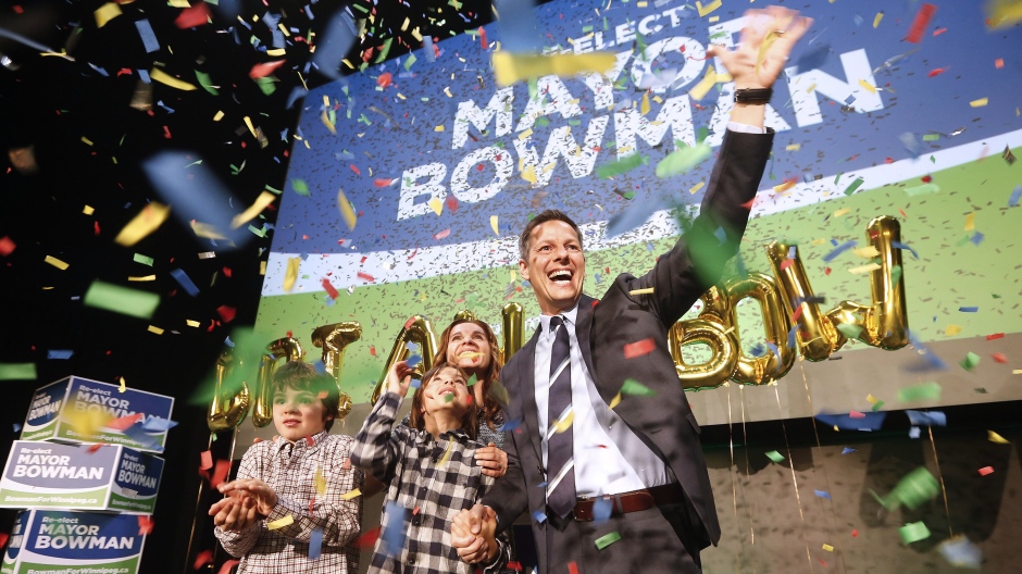 Mayor Brian Bowman and his wife Tracy and sons Austin, left, and Hayden celebrate a win in Winnipeg's election Wednesday, October 24, 2018. (Source: John Woods/The Canadian Press)