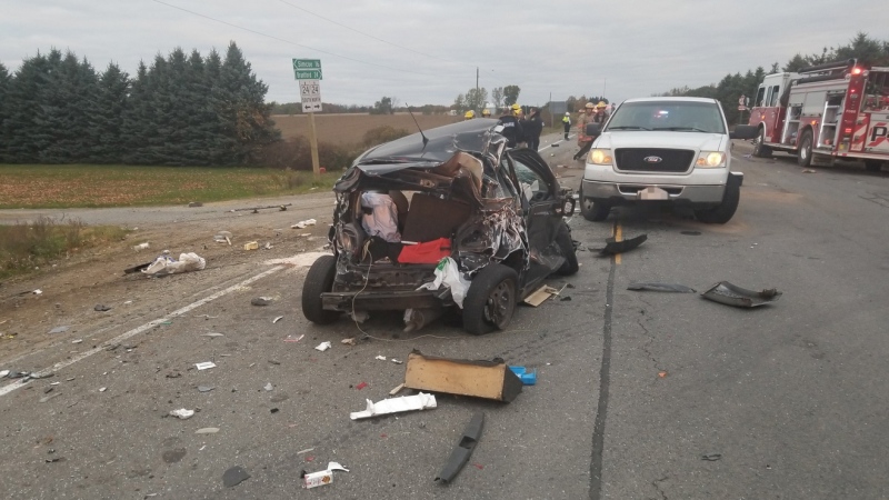 Ten people were taken to hospital after a chain-reaction crash in Norfolk County, Ont. on Thursday, Oct. 25, 2018, (@OPP_WR / Twitter)