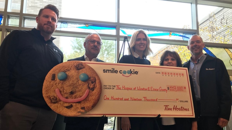 Representatives from the Hospice of Windsor and Essex County accept the cheque from Tim Hortons in Windsor, Ont., on Friday, Oct. 26, 2018. (Angelo Aversa / CTV Windsor)