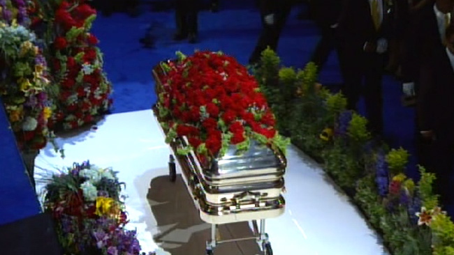 Michael Jackson's casket sits on display at the Staples Center during the memorial in Los Angeles, Friday, July 7, 2009.