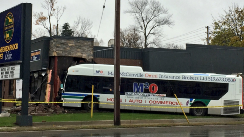 An LTC bus crashed into an Oxford Street vet clinic in London, Ont. on Wednesday, Oct. 31, 2018. (Sacha Long/CTV London)