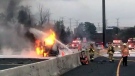 Emergency crews attend a fire after an accident on highway 407, as shown in this still image taken from a video provided by Ontario Provincial Police Sgt. Kerry Schmidt, in Toronto on Wednesday Oct. 31, 2018. Officials say two people have been killed in a multi-vehicle crash that sparked a tanker fire on a major toll highway in the Toronto area. THE CANADIAN PRESS/HO-Ontario Provincial Police-Sergeant Kerry Schmidt