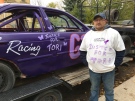 At the rally in support of Tori's Law,  Dan Storey displays his race car, painted purple, which was Tori Stafford's favourite colour. Storey is racing in Sunday's race Halloween Enduro Race at Flamboro.
(Brent Lale / CTV London)