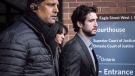 Marco Muzzo, right, leaves the Newmarket courthouse surrounded by family, on February 4, 2016. (THE CANADIAN PRESS/Christopher Katsarov)