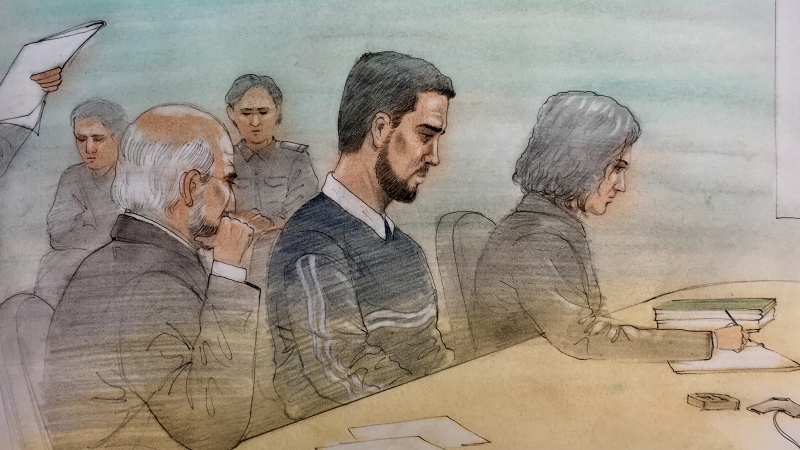 Marco Muzzo, flanked by his lawyer and parole officer, is seeking parole at a court hearing taking place in Gravenhurst, Ont. (Court sketch: John Mantha) 