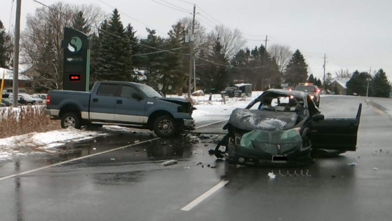 One man has died after a crash on Highway 8 east of Stratford, Ont. on Tuesday, Nov. 20, 2018. (Source: Perth County OPP)
