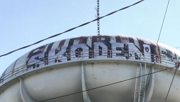 SKODEN painted on Sudbury's iconic water tower